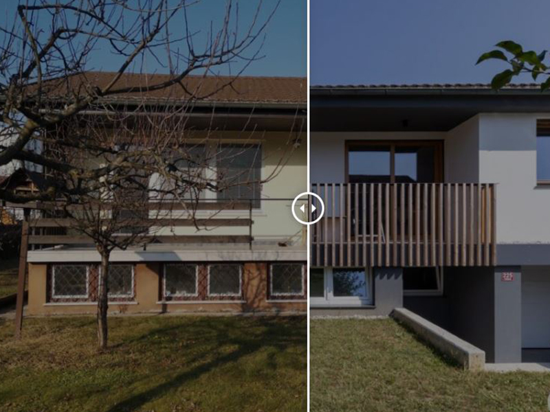 Prenova stavbe - prikaz stavbe na levi polovici slike pred prenovo in na desni polovici slike po prenovi